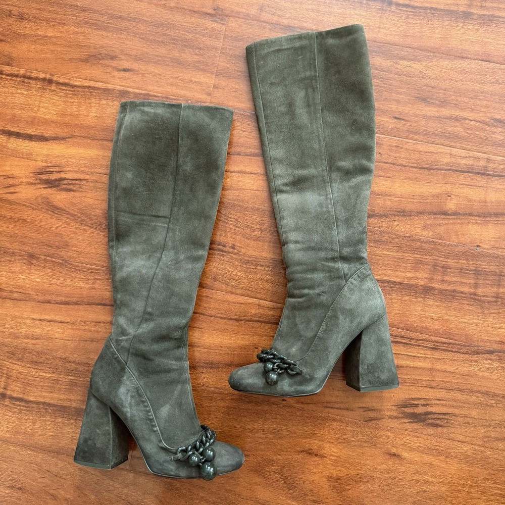 Tory Burch Addison Chain Embellished Suede Knee High Boots Boxwood $680 Size 5M